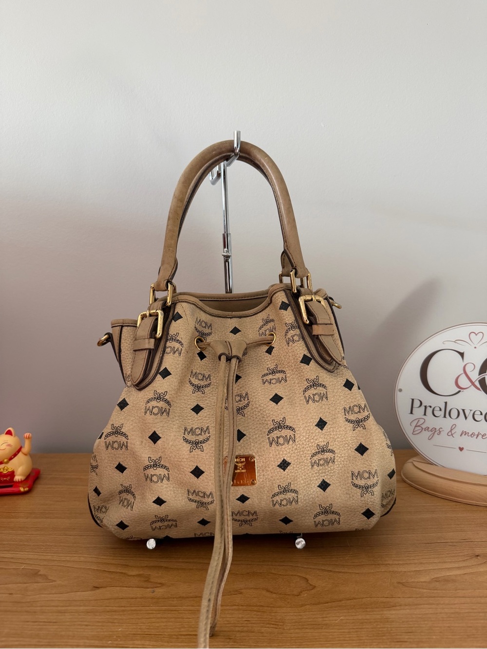MCM Tan Visetos Logo Drawstring Shoulder Bag